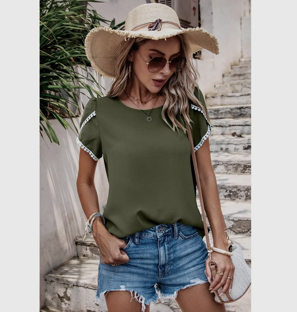 Green Solid Round Neck Cross Sleeves Lace Hem Tee