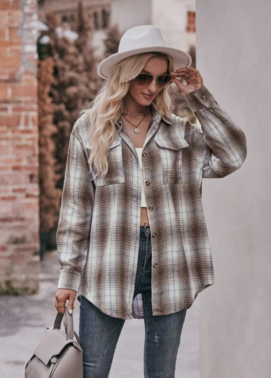 Brown/white Casual Fashion Oversized Loose Plaid Shirt