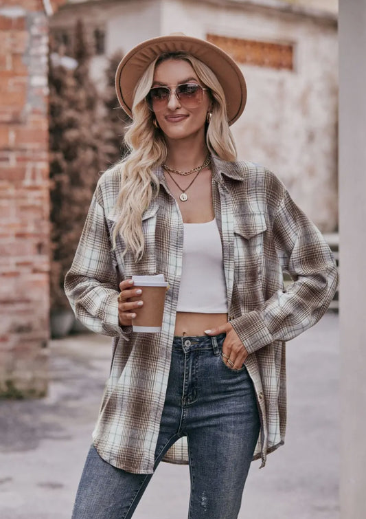 Brown/white Casual Fashion Oversized Loose Plaid Shirt