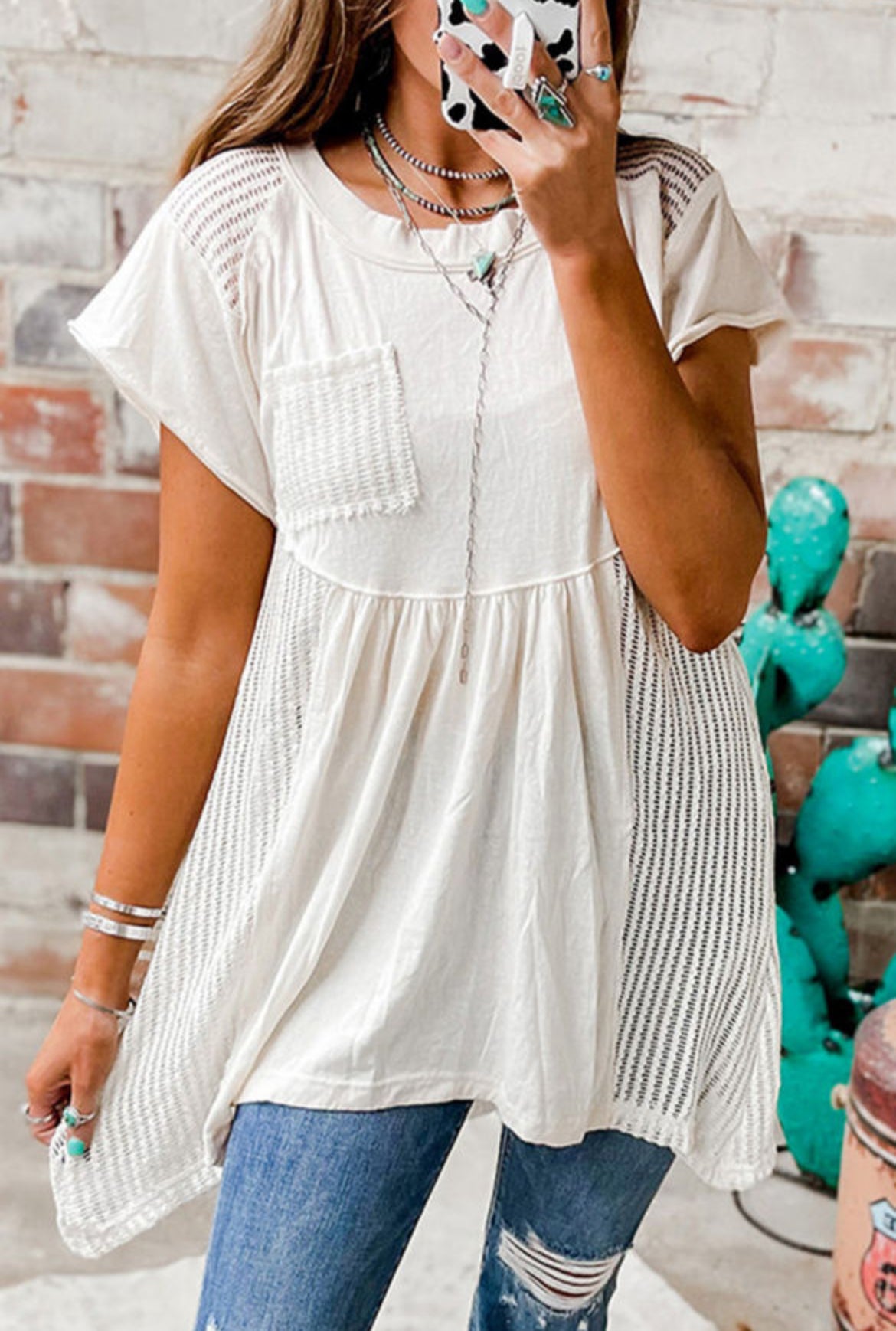 White Hollow Knit Splicing Tunic Top