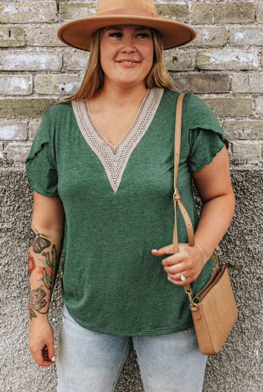 Dark Green Plus Size Embroidery V Neck Draped Sleeve