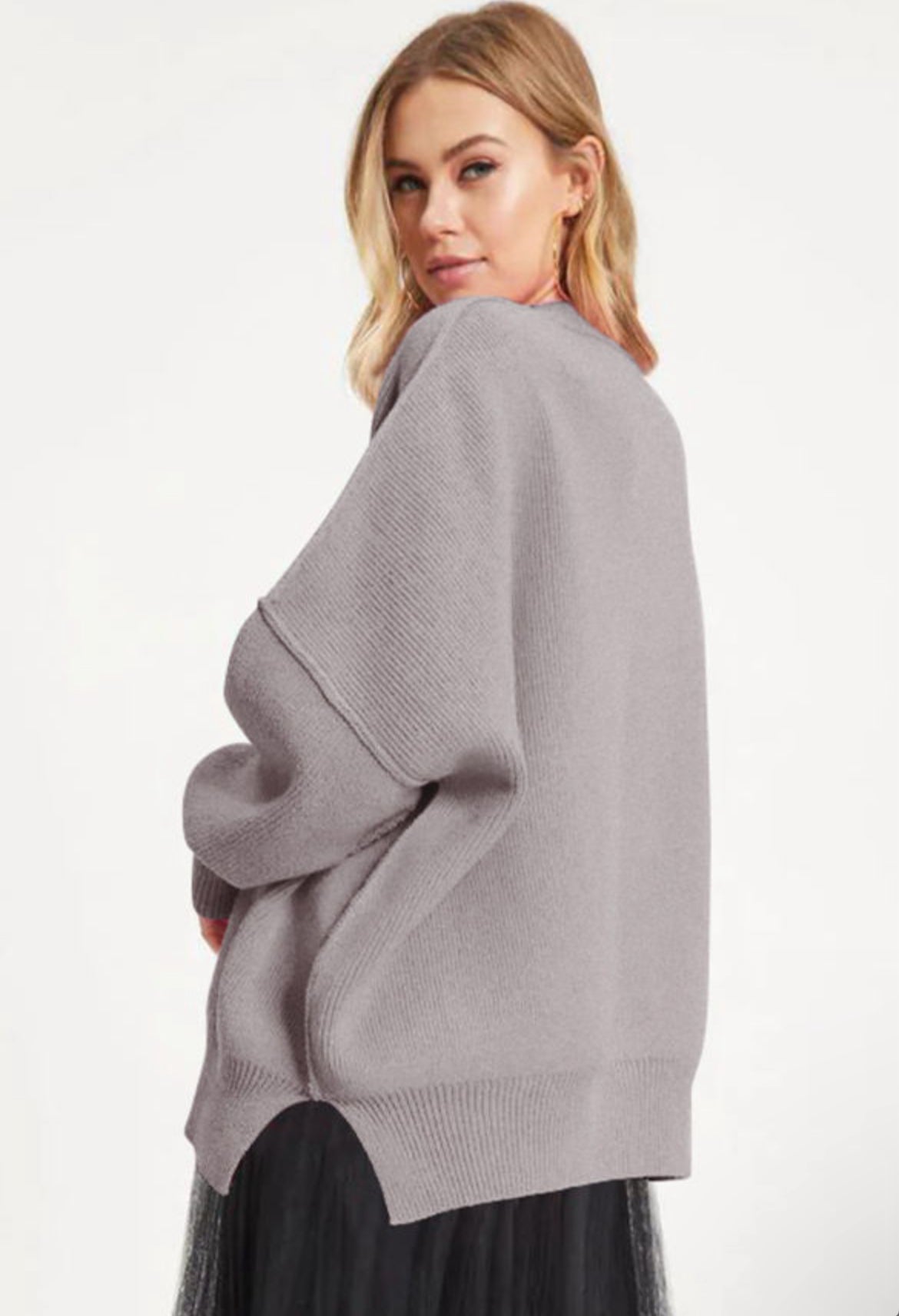 Grey oversized Drop Shoulder Bubble Sleeve Pullover Sweater