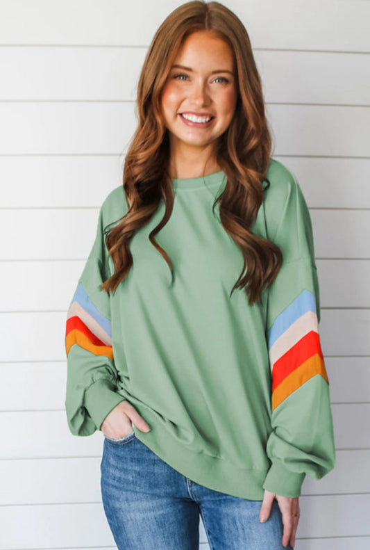 Moonlight Jade Rainbow Striped Sleeve Crew Neck Loose Sweatshirt