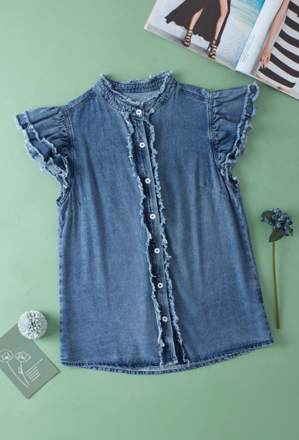 Ashleigh Blue Button Front Ruffled Flutter Frayed Denim Top