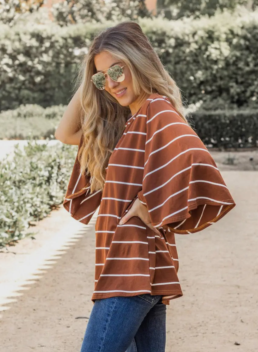 Brown Bell Sleeve Striped Austin Top