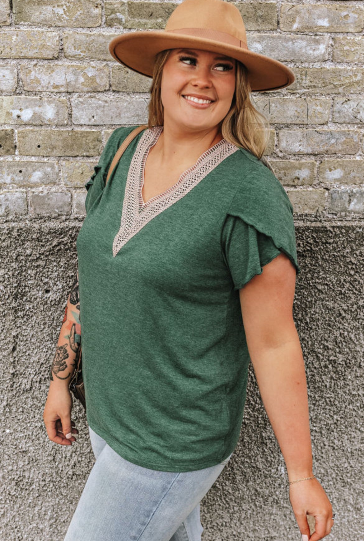 Dark Green Plus Size Embroidery V Neck Draped Sleeve