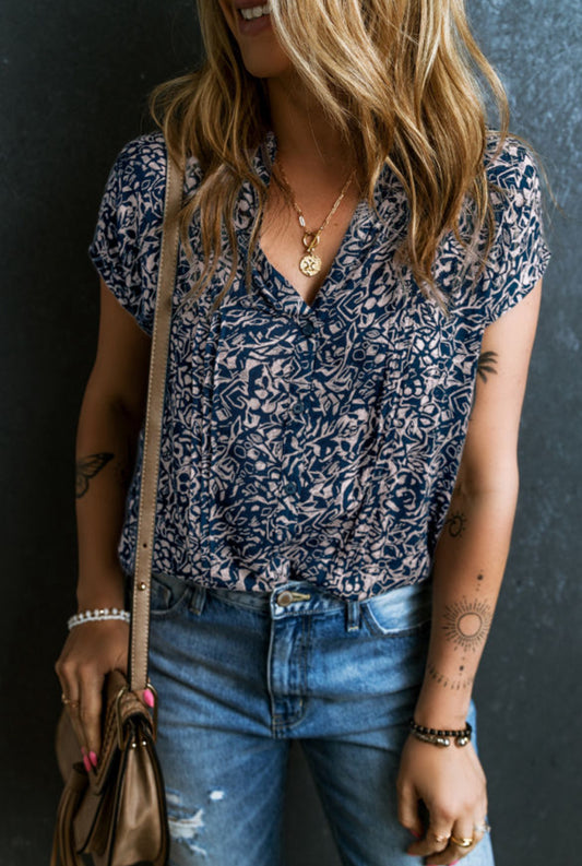 Blue Abstract Print Buttoned V Neck Short Sleeve Blouse