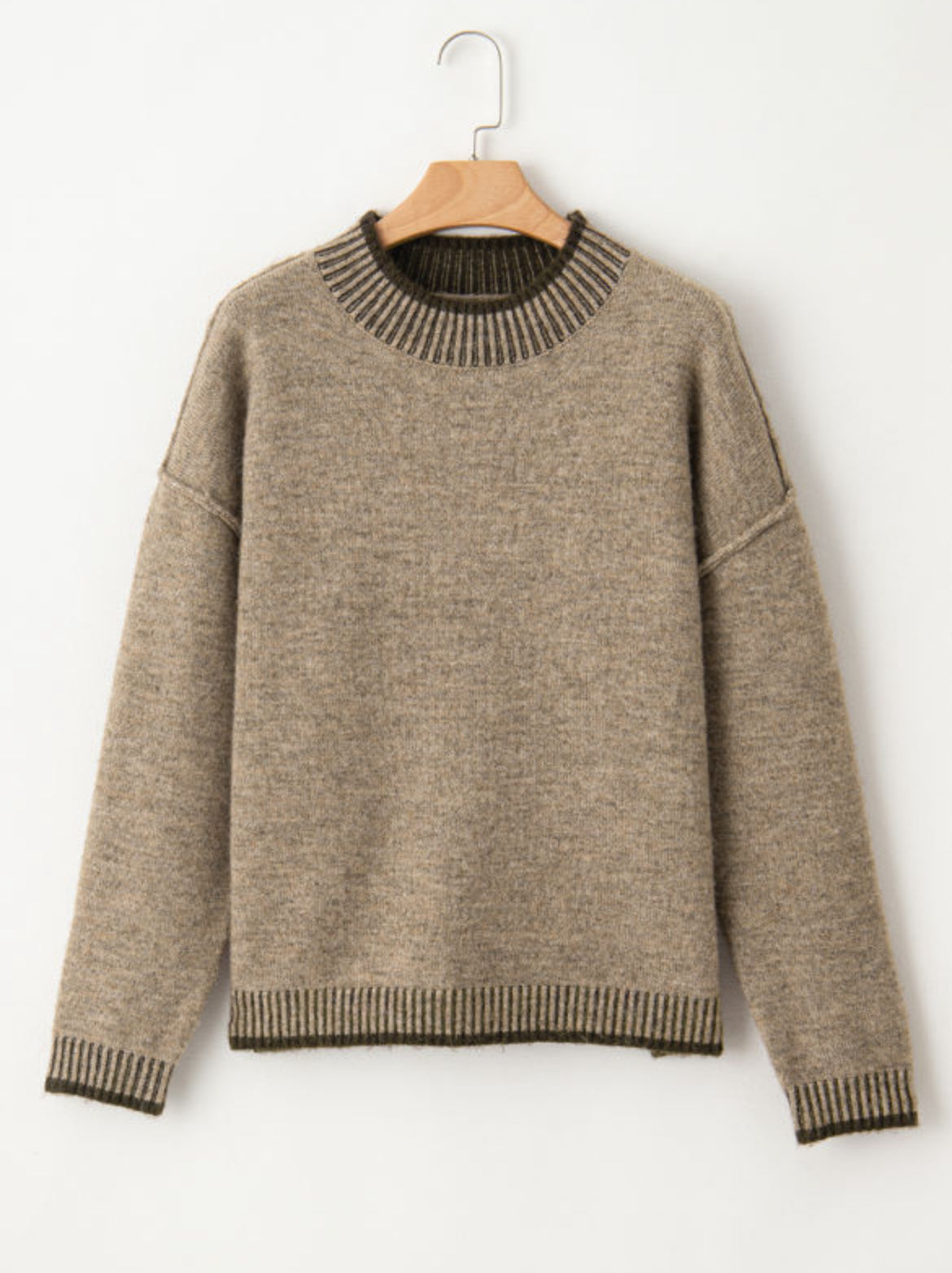 Khaki Contrast Trim Mock Neck Drop Shoulder Sweater