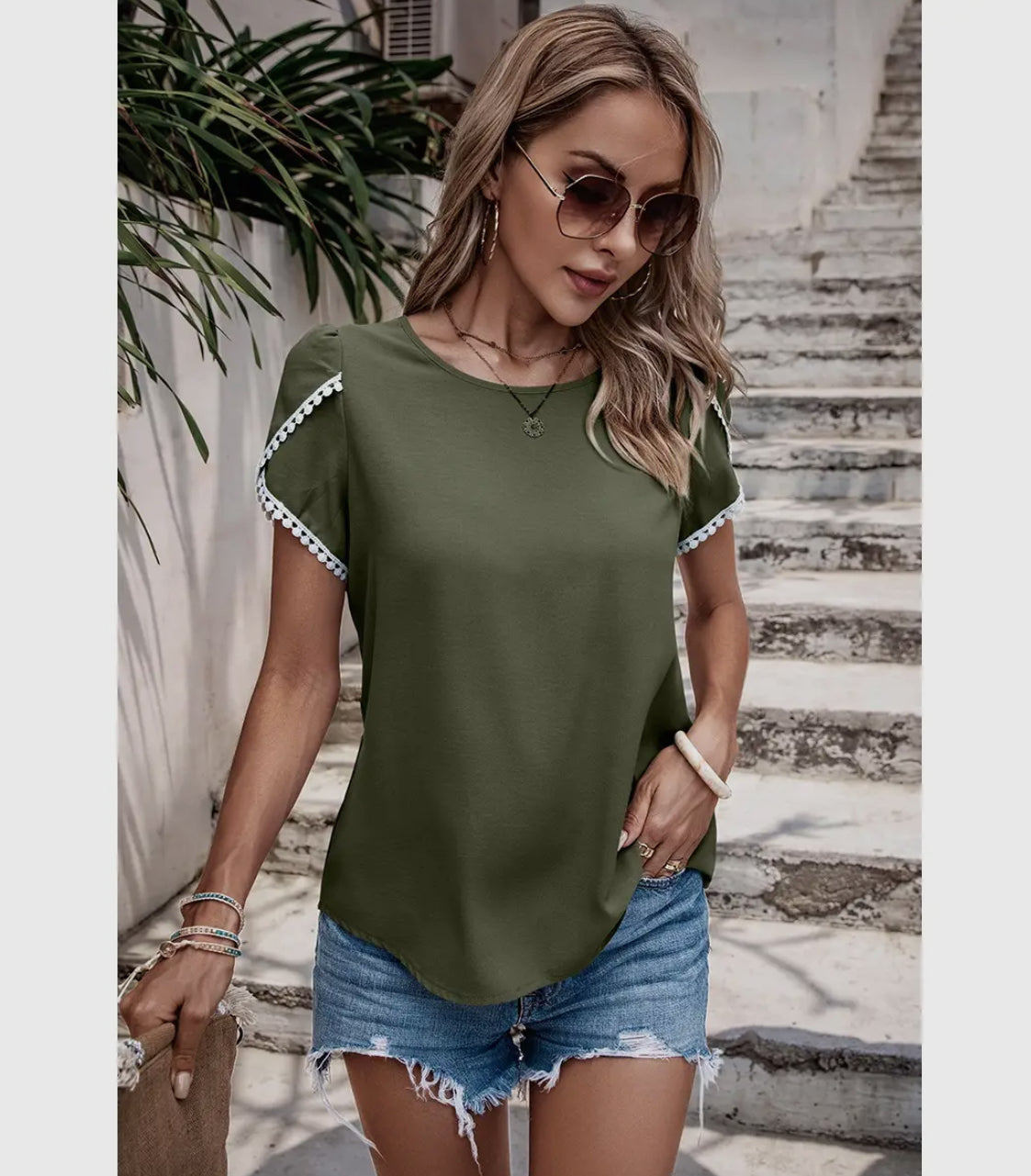 Green Solid Round Neck Cross Sleeves Lace Hem Tee