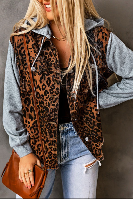 Leopard Hooded Denim Jacket