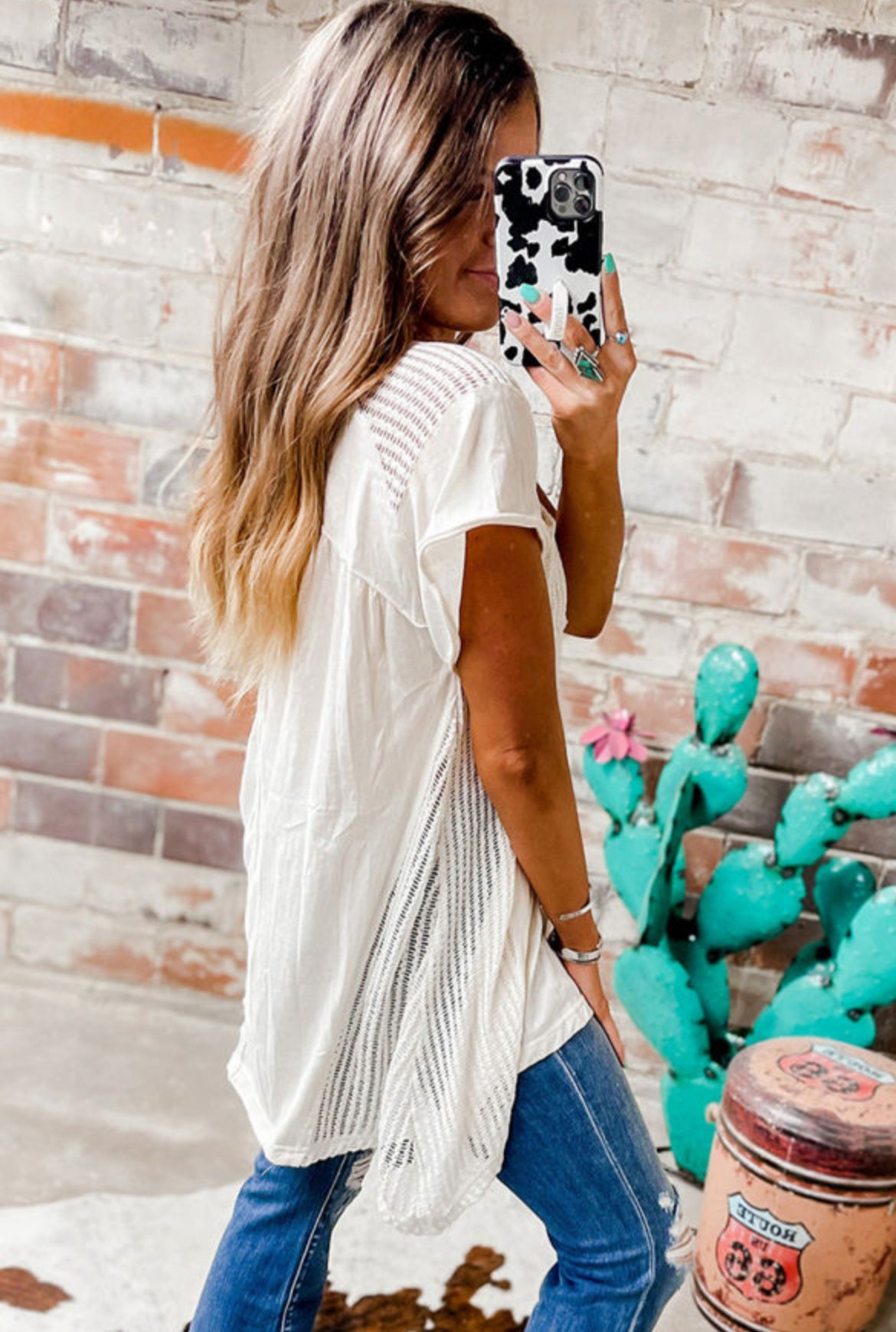 White Hollow Knit Splicing Tunic Top