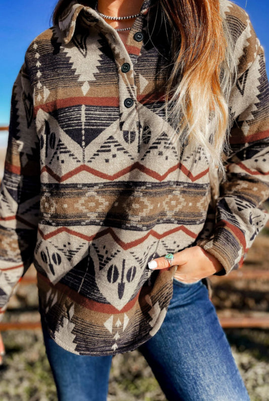 Brown Western Aztec Collared Sweater