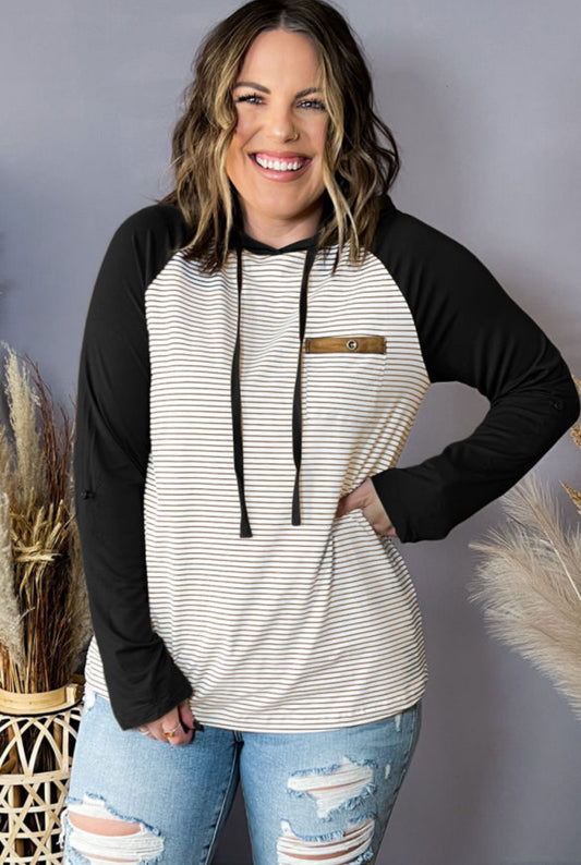 Plus Black Striped Raglan Sleeve Hoodie