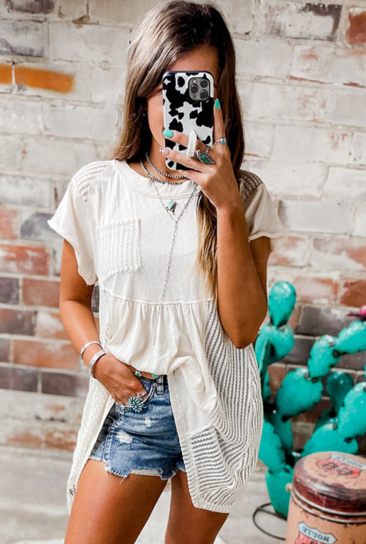 White Hollow Knit Splicing Tunic Top