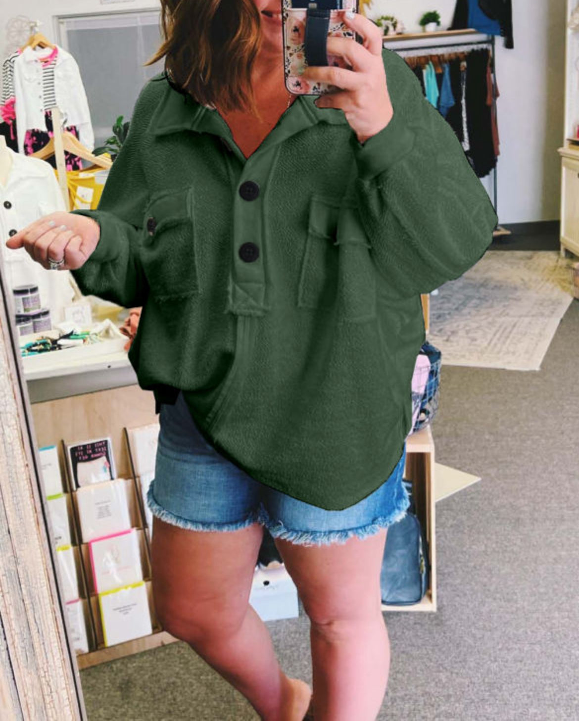 Deep Green Plus Size Long Sleeve With Flap Pocket