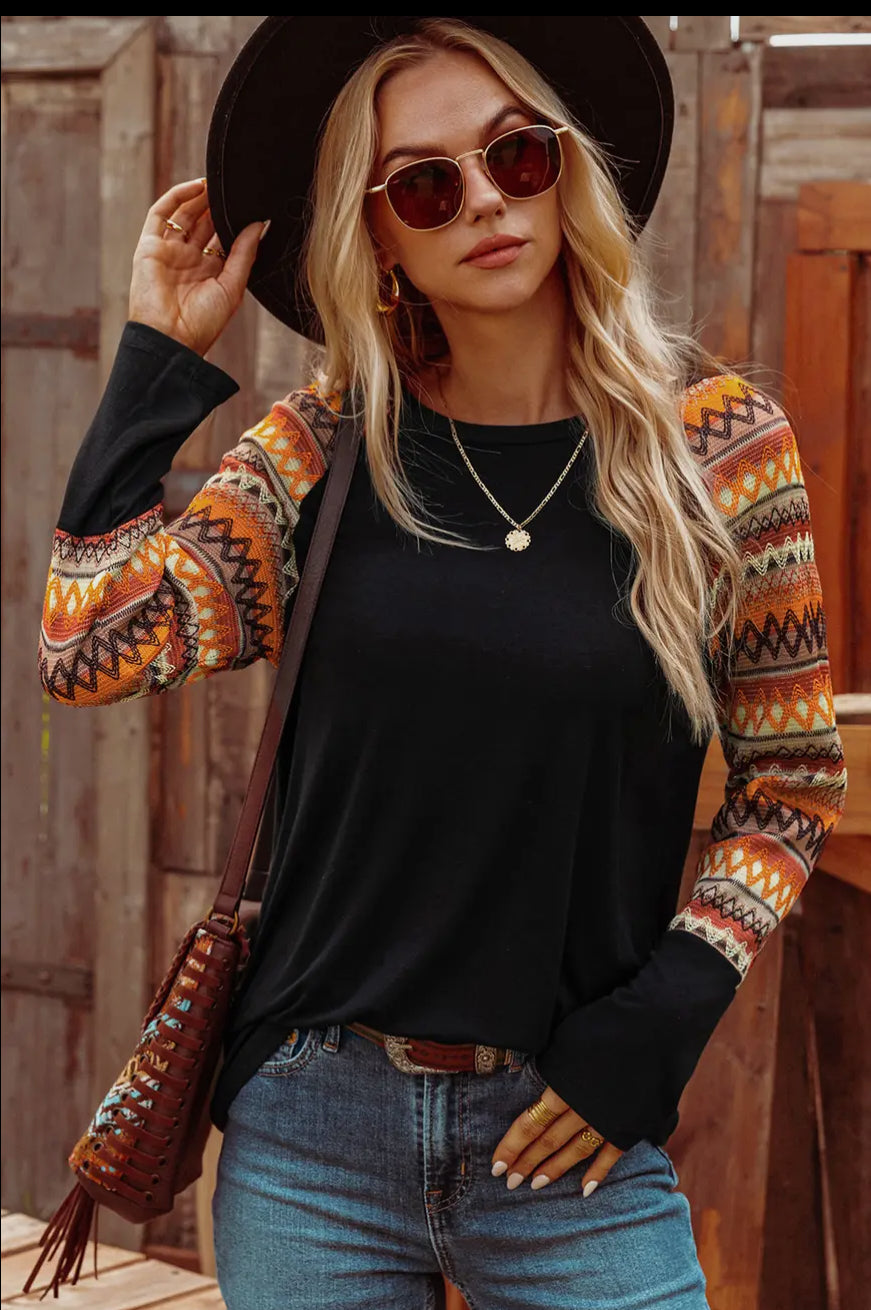 Western Geo Raglan Patchwork Long Sleeve