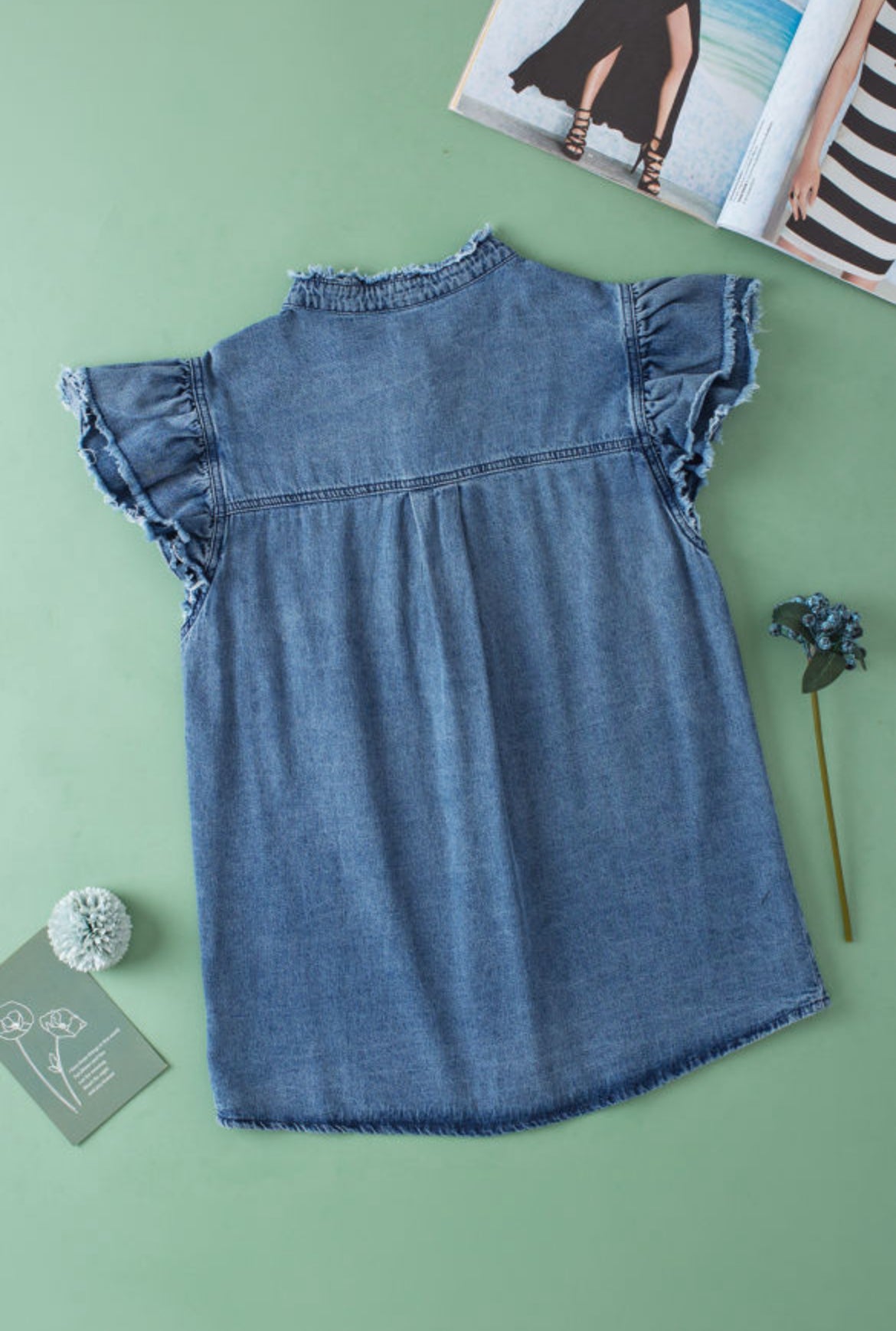 Ashleigh Blue Button Front Ruffled Flutter Frayed Denim Top