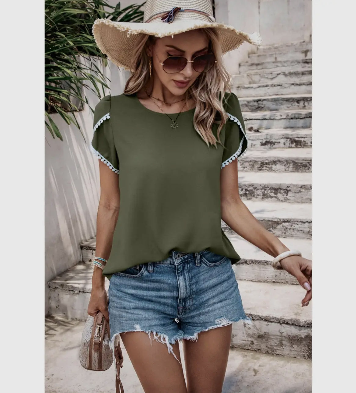 Green Solid Round Neck Cross Sleeves Lace Hem Tee