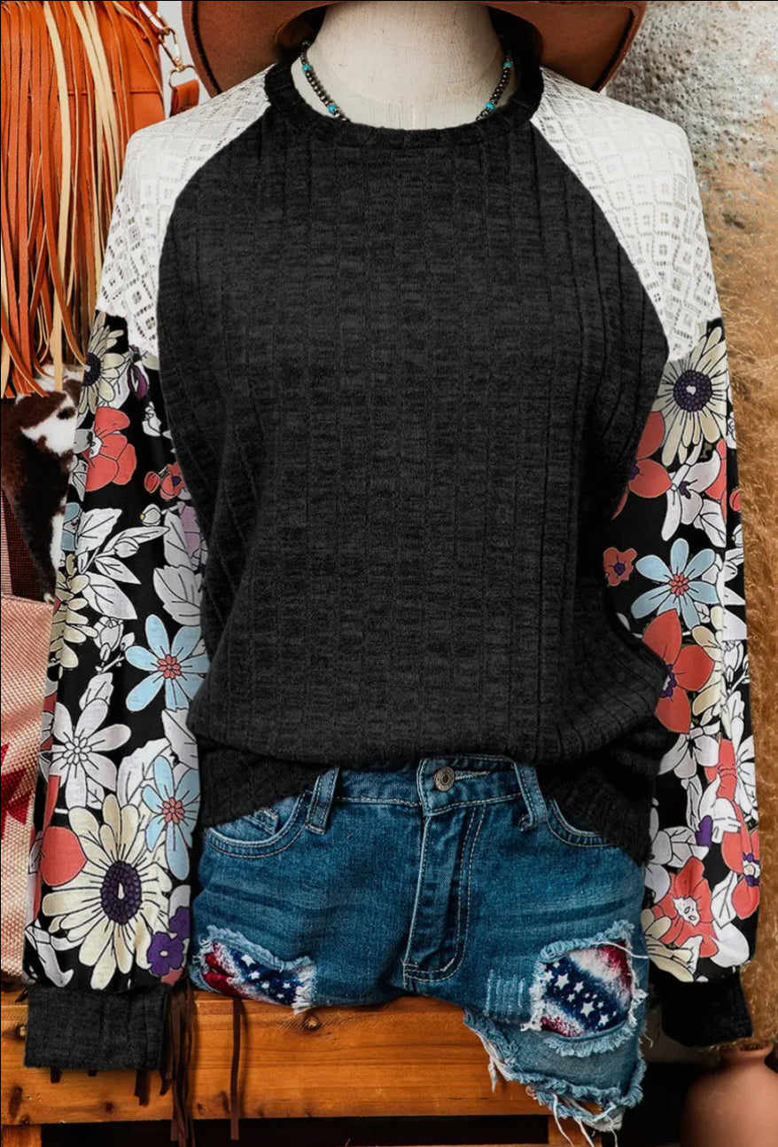 Black Floral Long Sleeve Ribbed Blouse