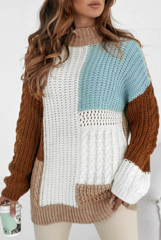 Khaki Mix Textured Knit Patchwork Sweater