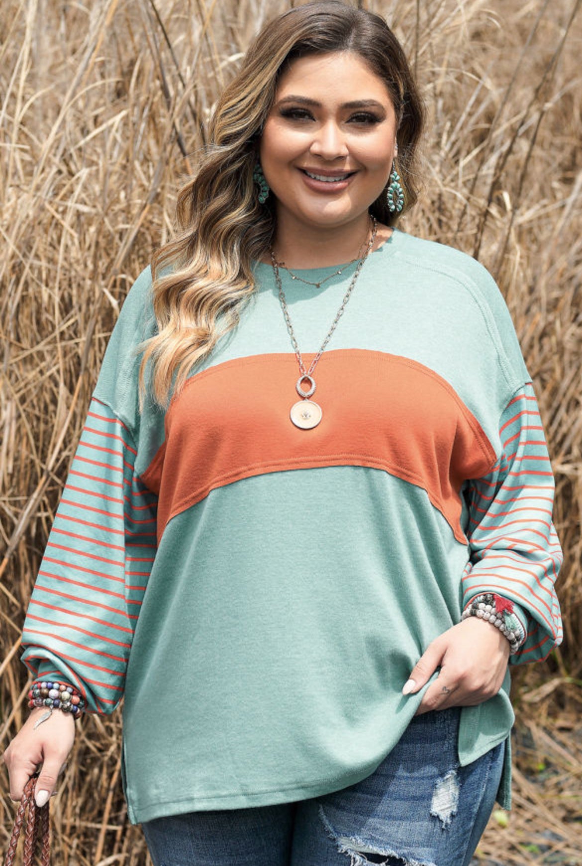 Plus Size green Striped Long Sleeve Color Block Tee with Slits