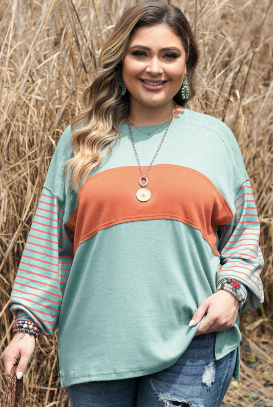 Plus Size green Striped Long Sleeve Color Block Tee with Slits