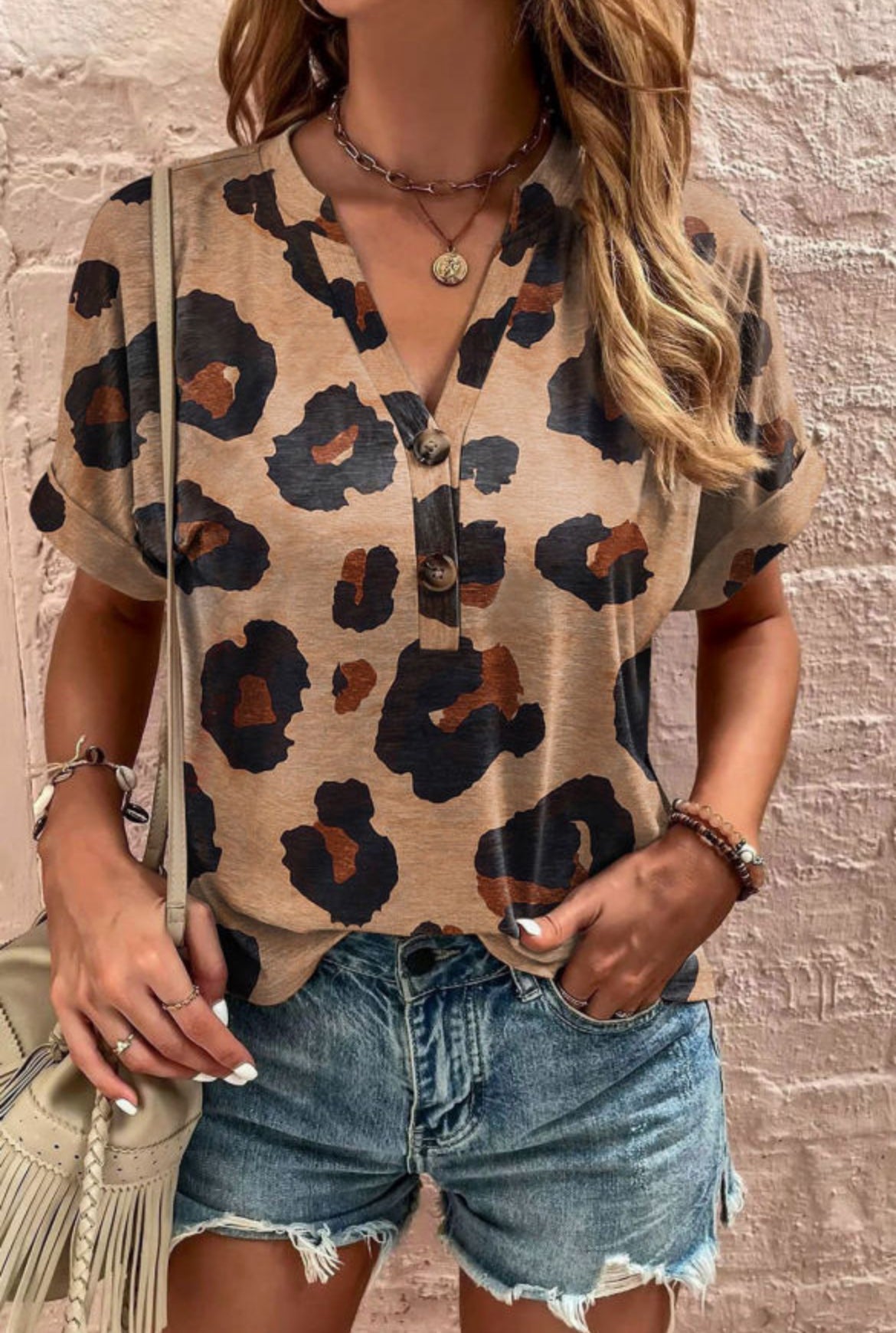 Light French Beige Leopard Short Sleeve Buttoned V Neck T Shirt