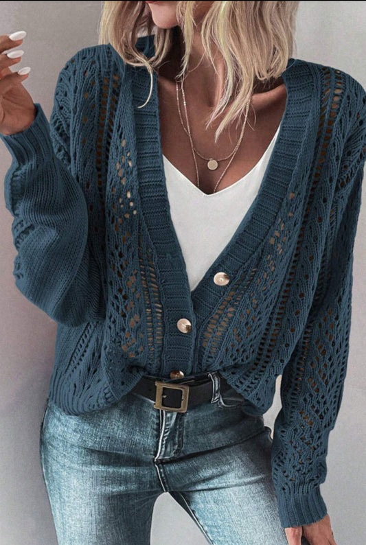 Real Teal Open Knit Sweater Cardigan