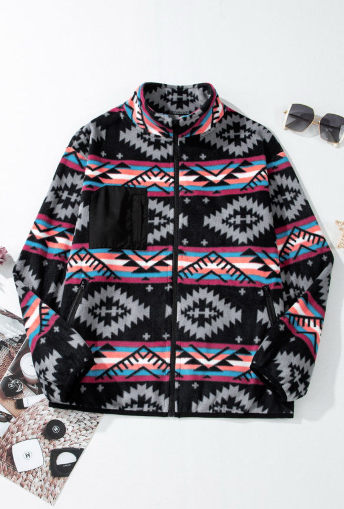 Black Aztec Printed Zip Up Jacket