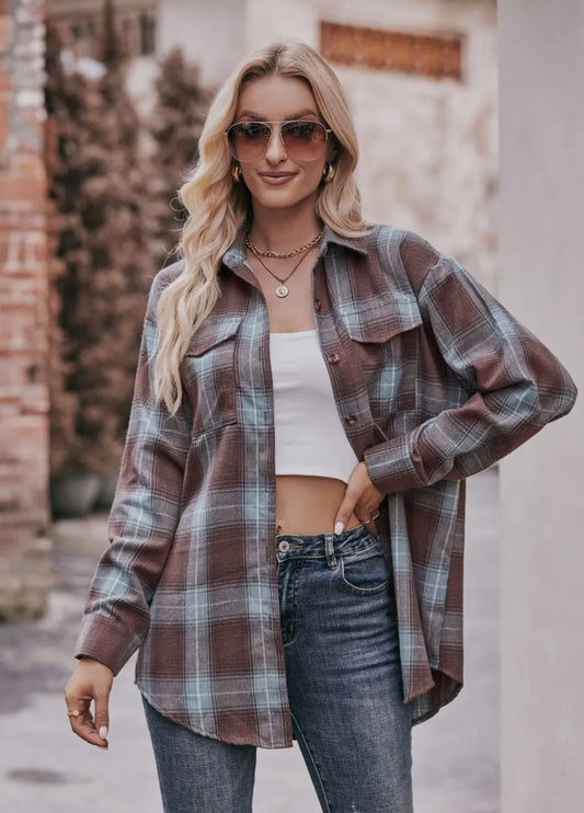 Brown/Mint Casual Fashion Oversized Loose Plaid Shirt