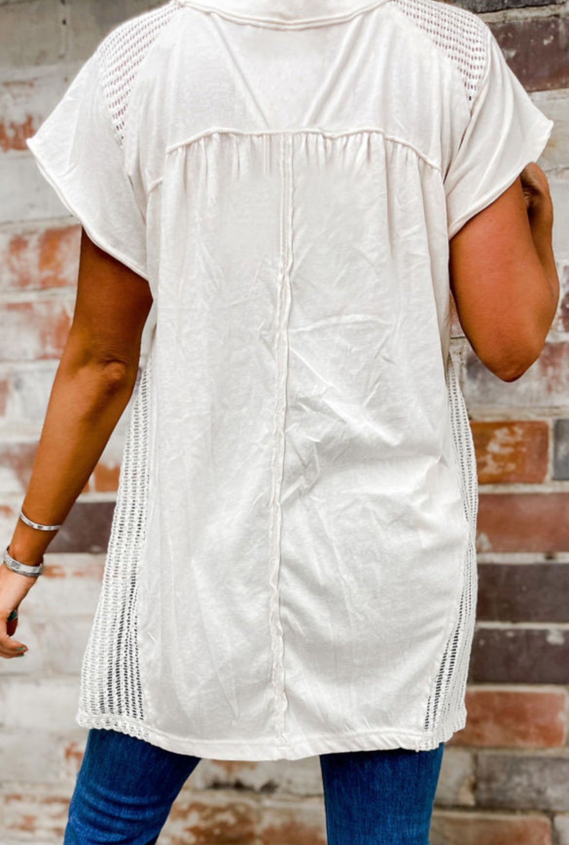 White Hollow Knit Splicing Tunic Top