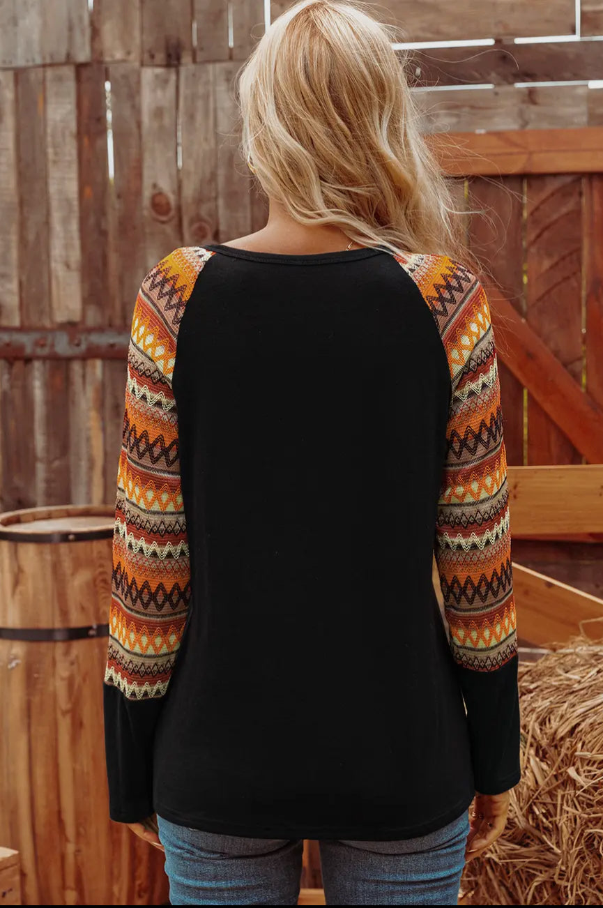 Western Geo Raglan Patchwork Long Sleeve