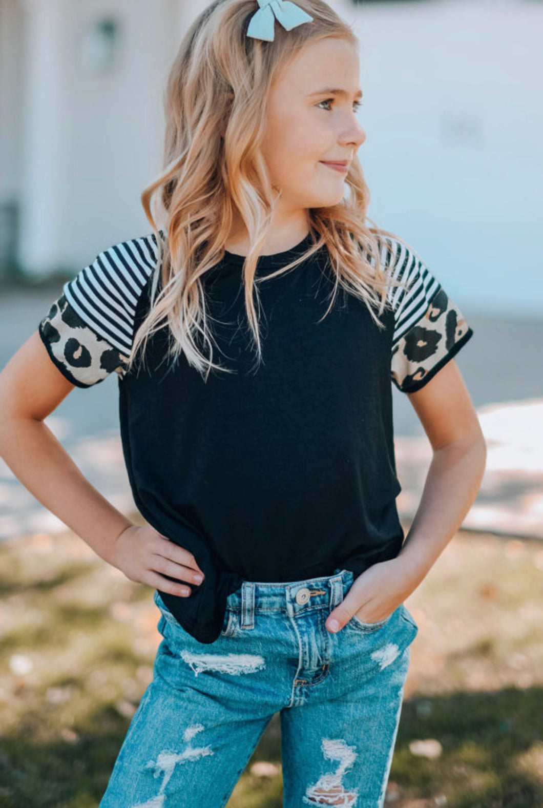 Black T-shirt with Striped Leopard Sleeve