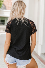 Load image into Gallery viewer, Black Lace Short-Sleeve Scalloped V-Neck Top
