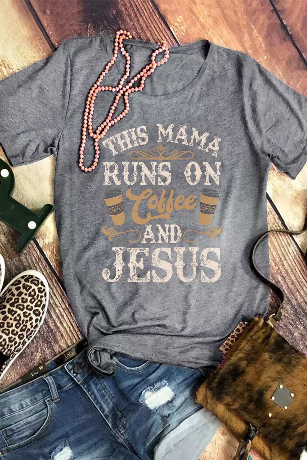 Gray Coffee And Jesus Graphic T-Shirt