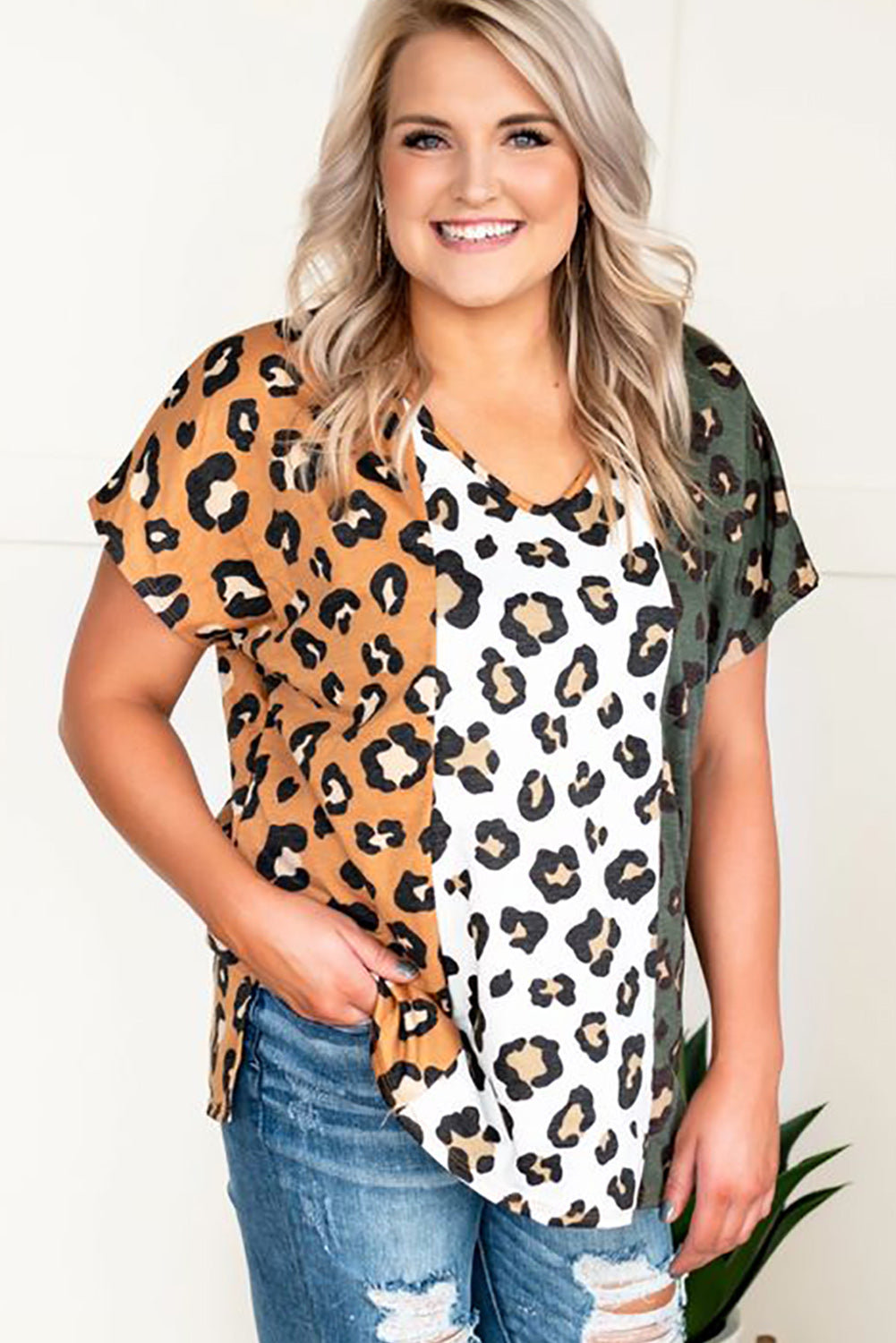 Burnt Orange Plus Size Leopard Print Contrast T-Shirt