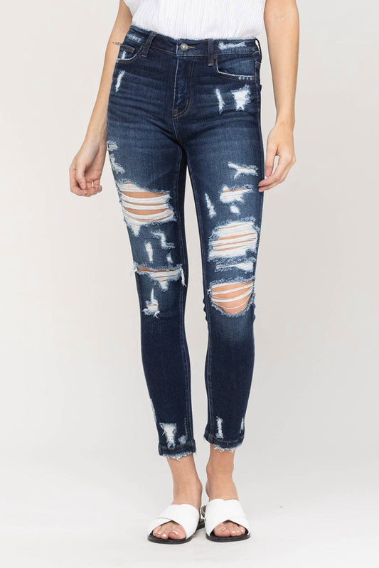 High Rise Heavily Distressed Ankle Skinny Jeans