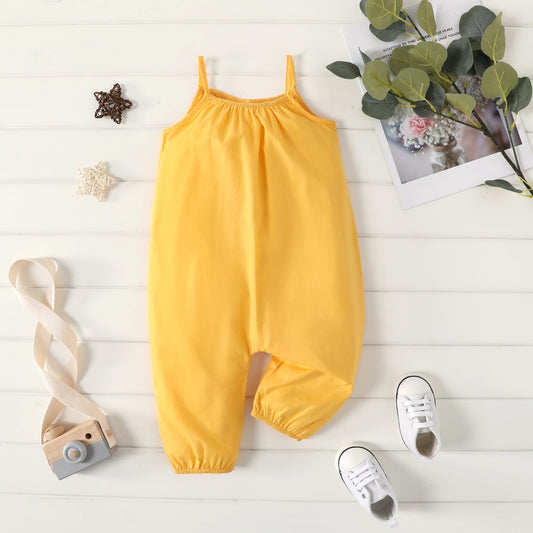 100% Cotton Baby Girl Solid Sleeveless Spaghetti Strap Overalls