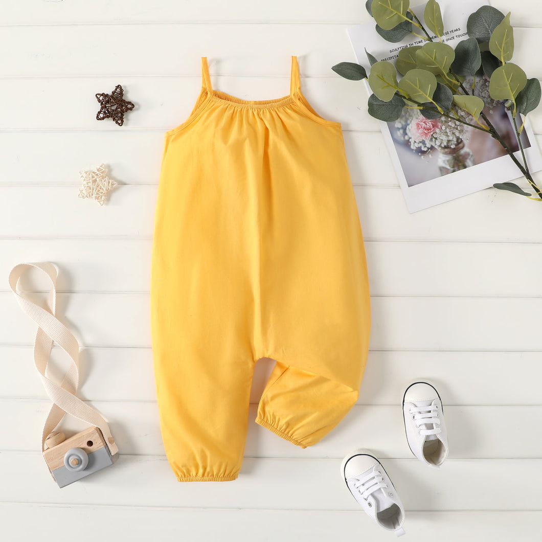 100% Cotton Baby Girl Solid Sleeveless Spaghetti Strap Overalls