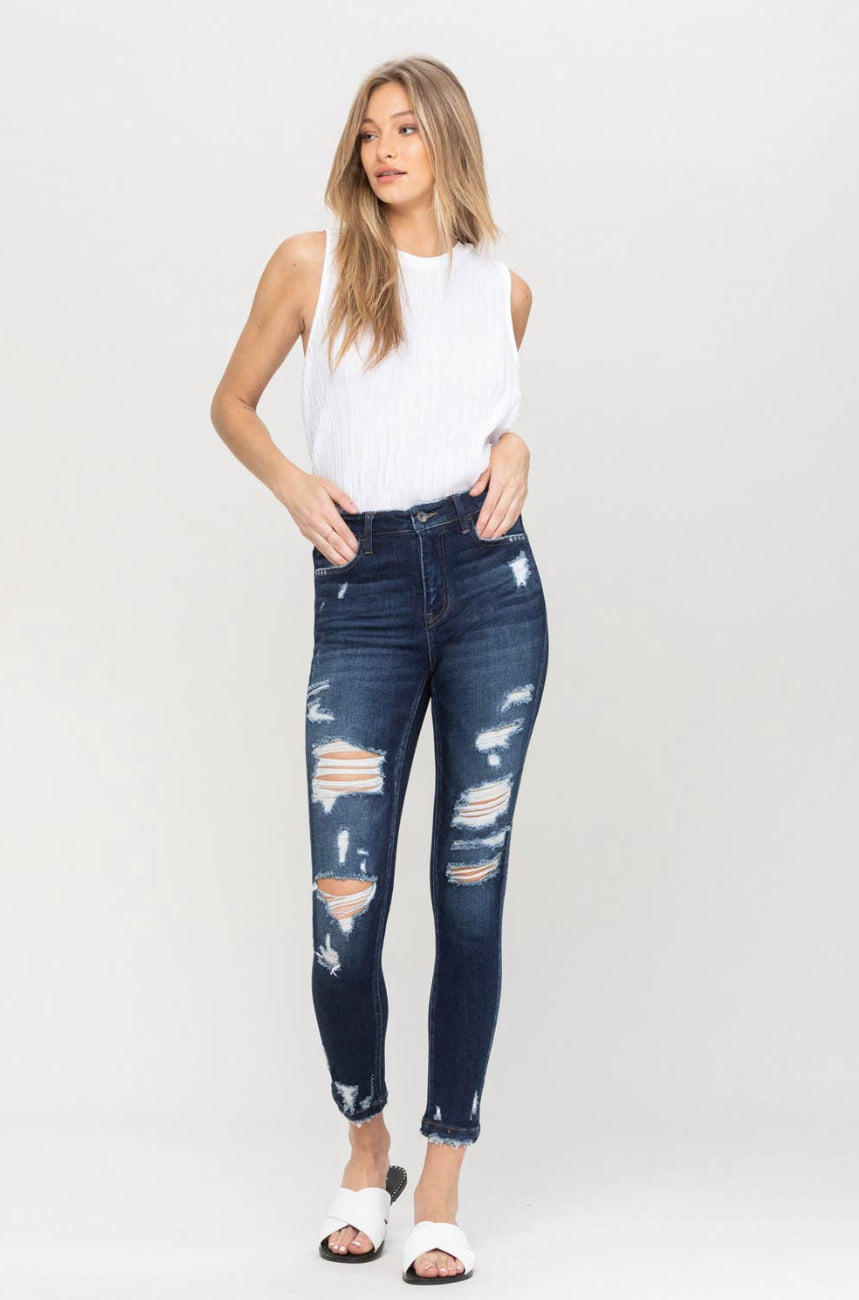 High Rise Heavily Distressed Ankle Skinny Jeans