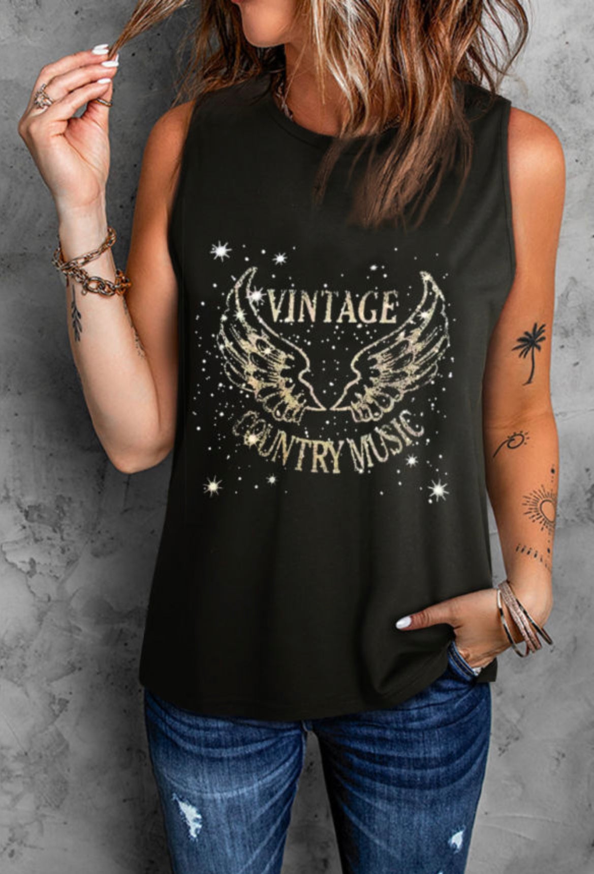 Black Vintage Country Music Glitter Tank Top