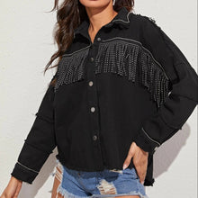 Load image into Gallery viewer, Fringe Detail Button-Down Collared Neck Denim Jacket

