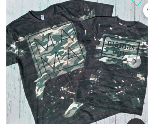 Bleached green camo mom and son t shirts