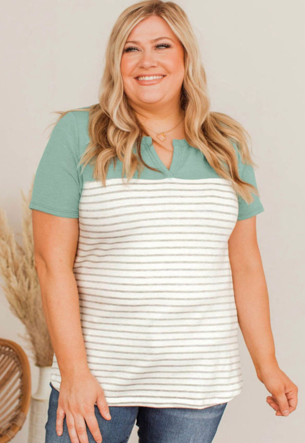 Plus Size Green Contrast Striped Tee