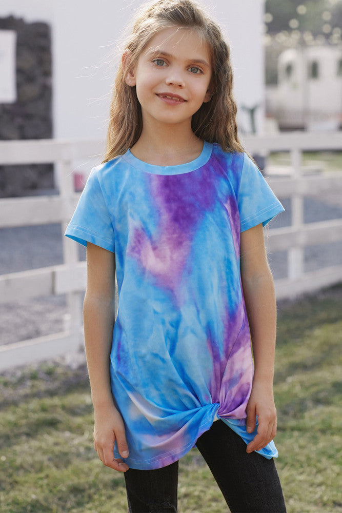 Sky Blue Twisted Tie-dye Little Girls T-shirt