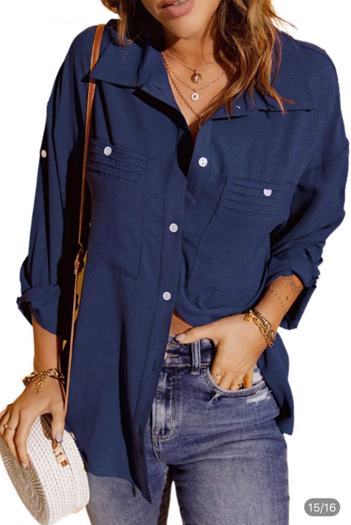 Blue Solid Pocket Long sleeve Button-up