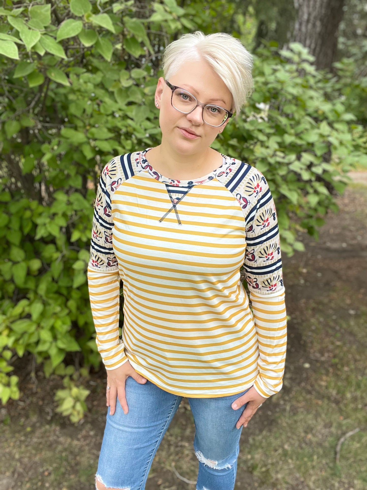 Mustard Striped Floral Long-sleeve