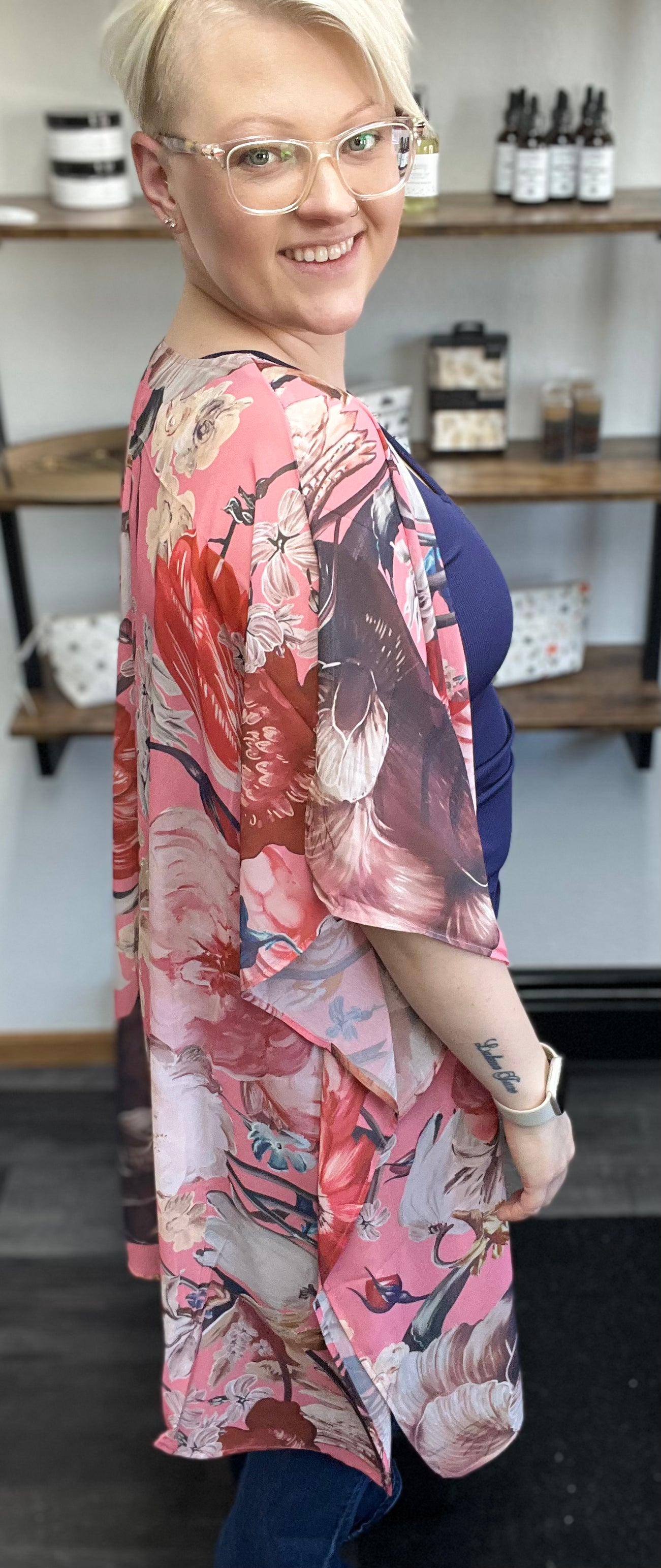 Pink Boho Floral Print Beach Cover up Kimono