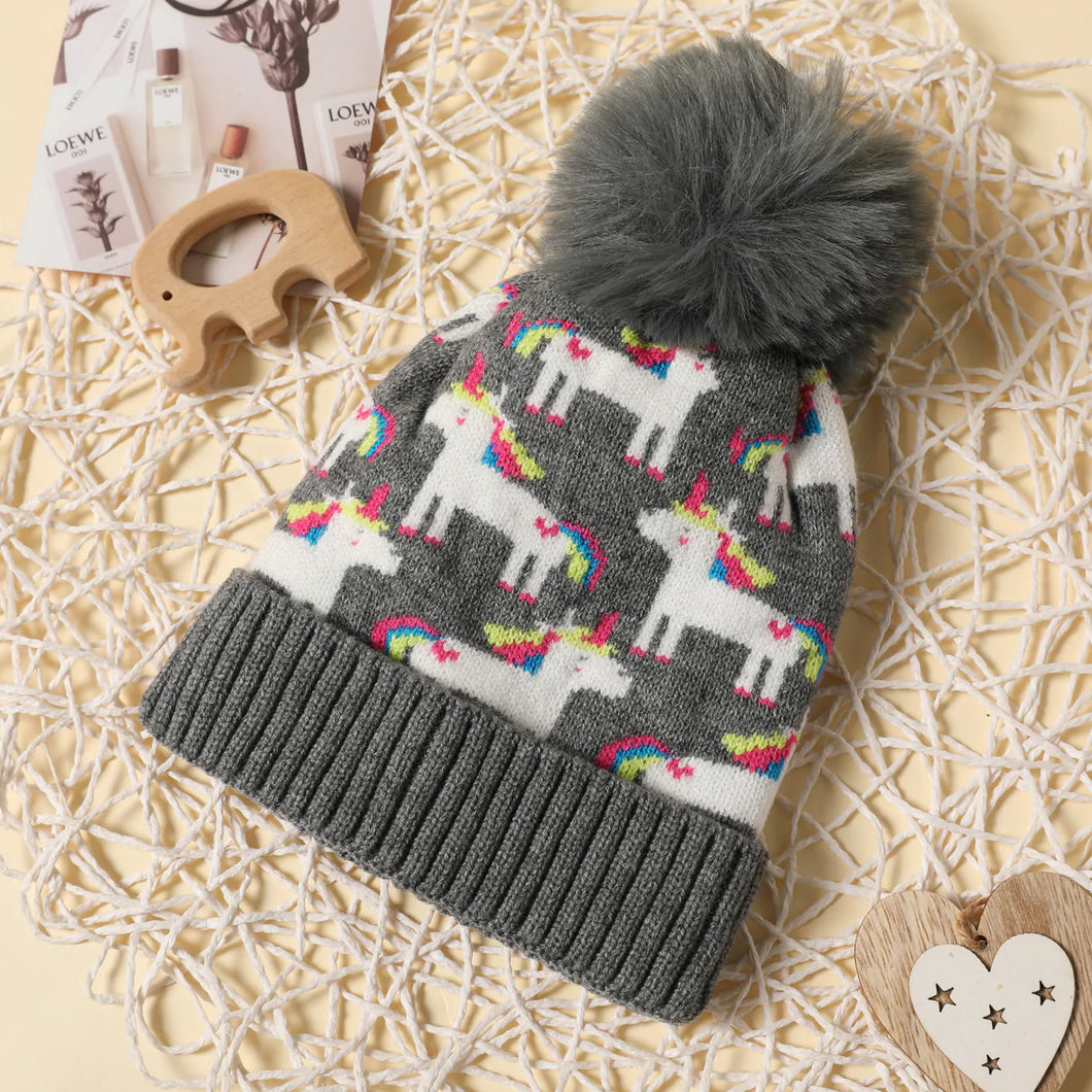 Baby Unicorn Pattern Fur Pompom Knit Beanie Hat