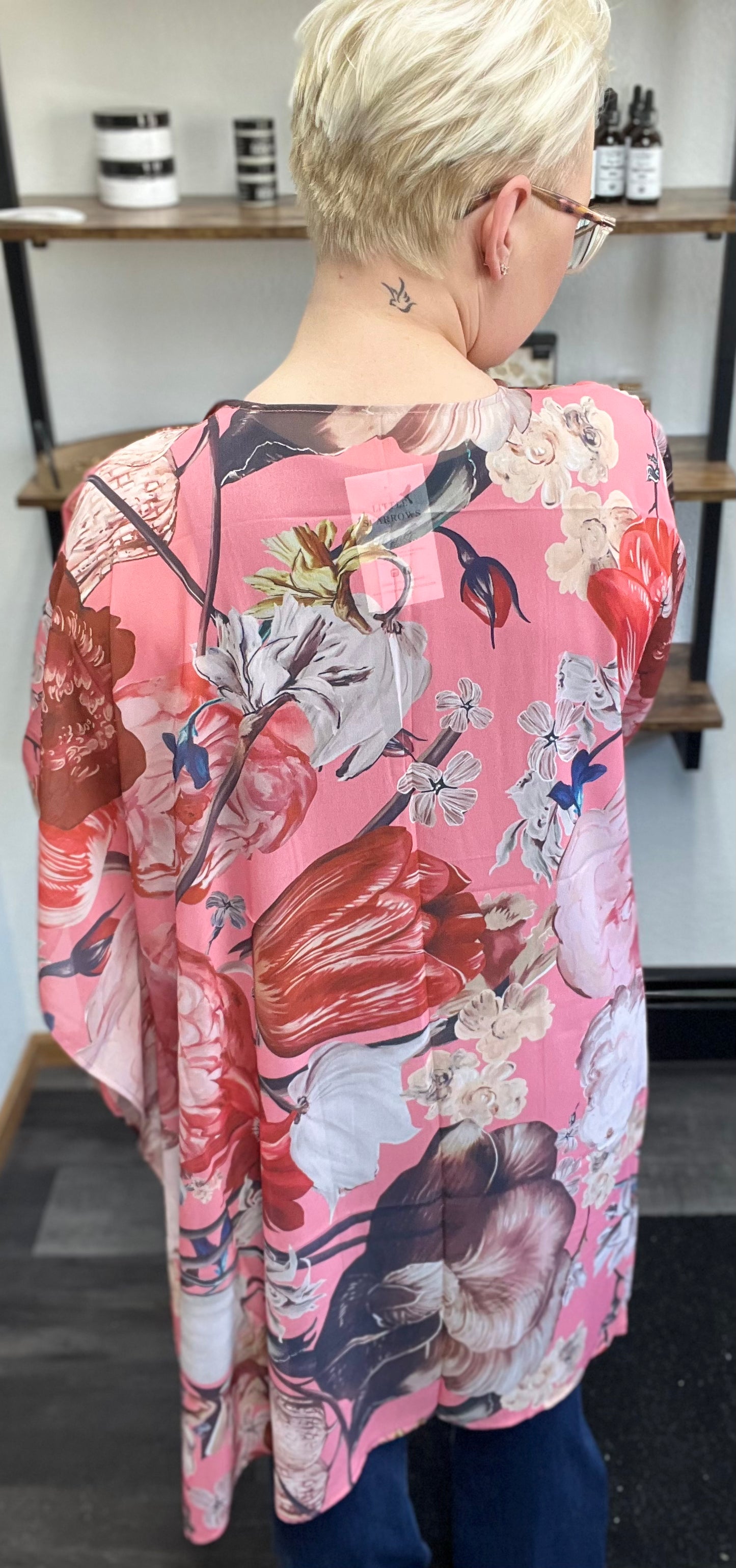 Pink Boho Floral Print Beach Cover up Kimono